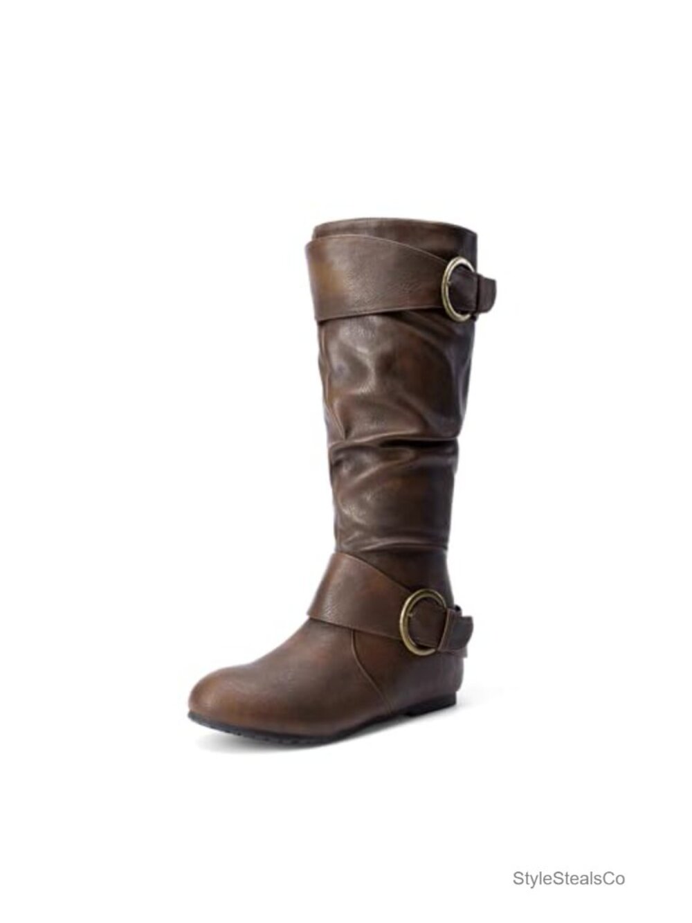 Women's Wide Calf Knee High Wedge Boots Faux Fur Lined Buckle Accent